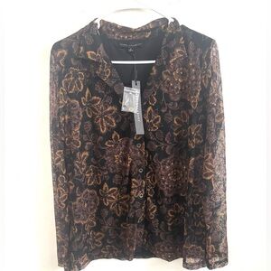 Black Sheer Floral Lace Blouse Sz M Long Sleeve Fairy Whimsigoth Romantic Goth
